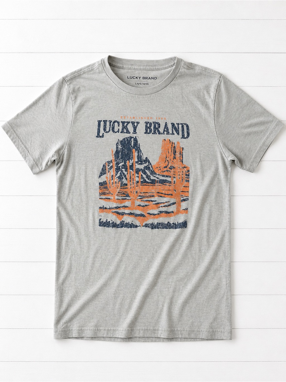Lucky Brand Gray Tee with Navy and Orange Desert Graphic